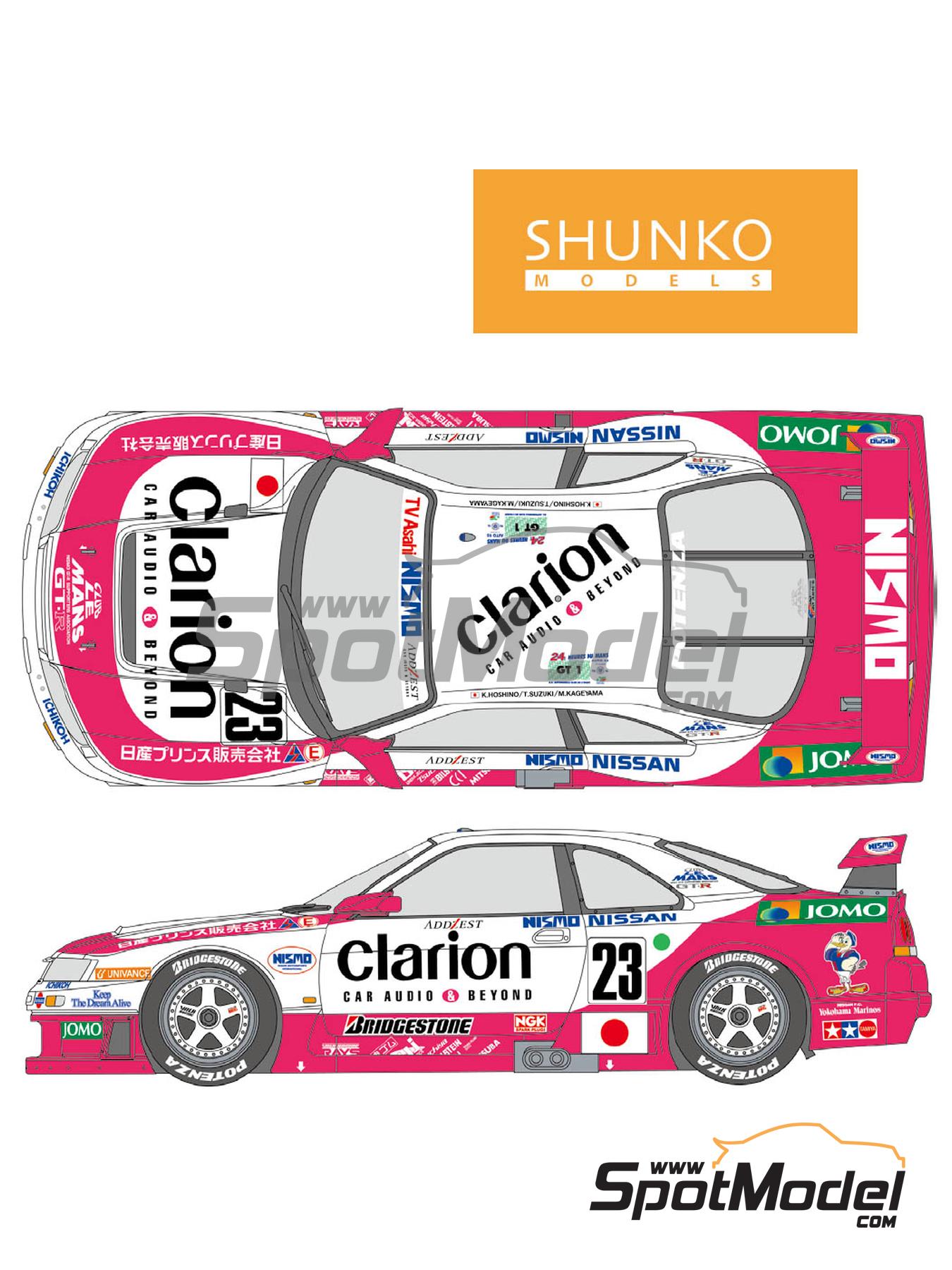 Nissan Skyline GT-R LM Nismo Team sponsored by Clarion - 24 Hours Le Mans  1995. Marking / livery in 1/24 scale manufactured by Shunko Models (ref. SHK